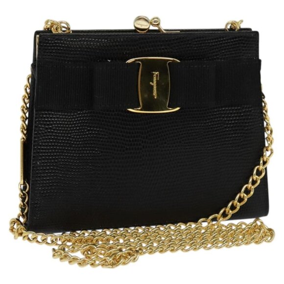 Salvatore Ferragamo Vala Chain Shoulder Bag Leather Embossed Black Auth 132311 - Picture 1 of 16